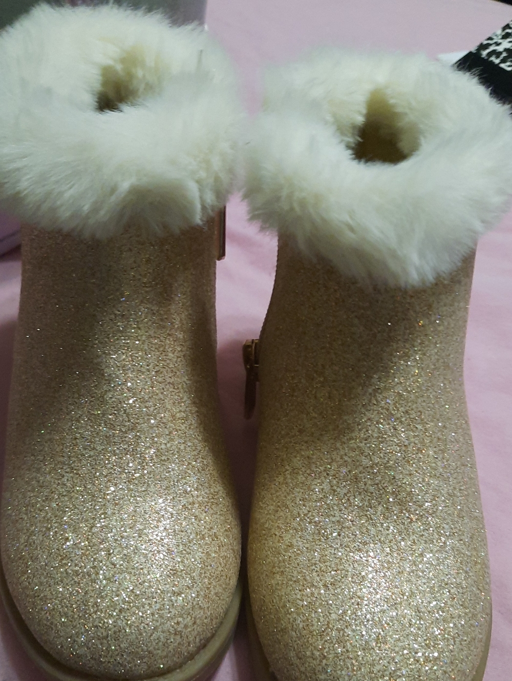 Girls Glitter Ankle Boots with Plush Faux Fur Trim - Gold